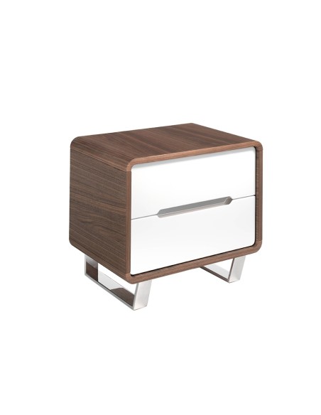 Mesita de noche madera blanco, nogal y acero cromado
