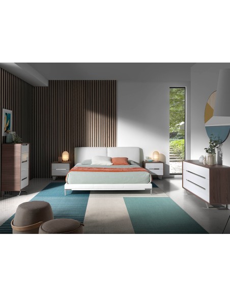 Mesita de noche madera blanco, nogal y acero cromado