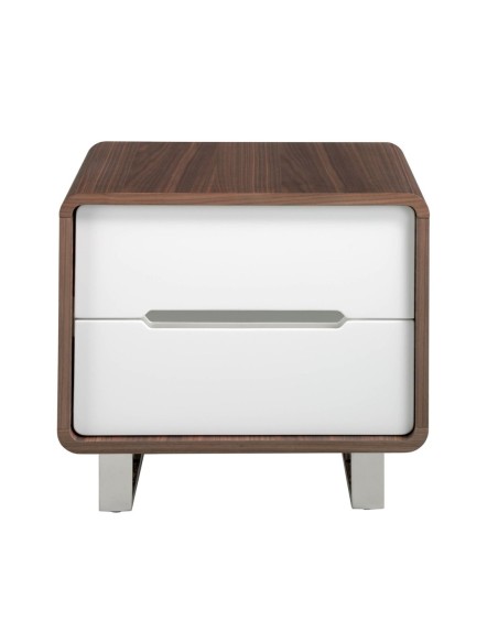Mesita de noche madera blanco, nogal y acero cromado