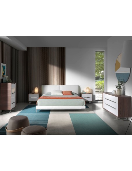 Mesita de noche madera blanco, nogal y acero cromado