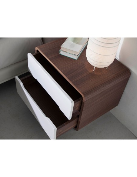 Mesita de noche madera blanco, nogal y acero cromado