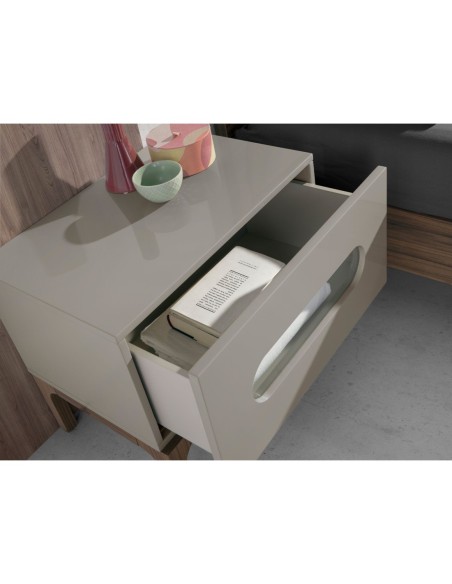 Mesita de noche madera gris y nogal con iluminación interior