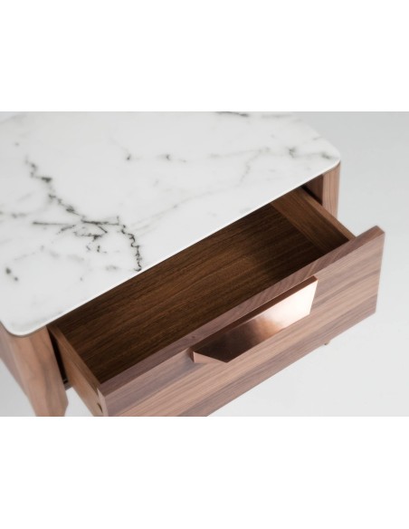 Mesita de noche nogal con tapa de cristal imitación mármol