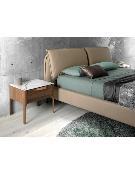 Mesita de noche nogal con tapa de cristal imitación mármol