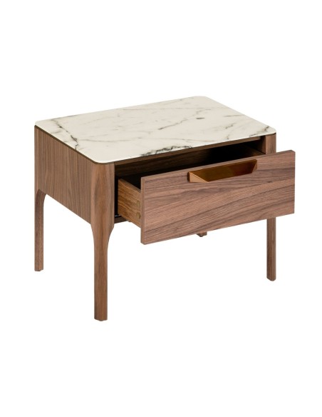 Mesita de noche nogal con tapa de cristal imitación mármol