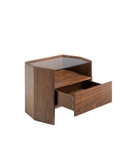 Mesita de noche nogal con tapa de cristal templado