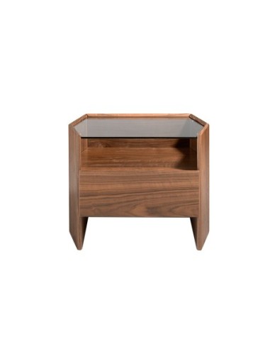Mesita de noche nogal con tapa de cristal templado