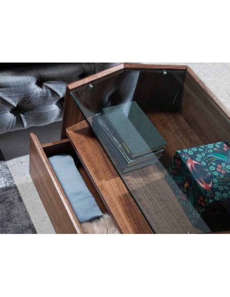 Mesita de noche nogal con tapa de cristal templado