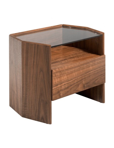 Mesita de noche nogal con tapa de cristal templado