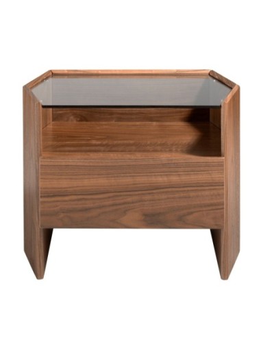 Mesita de noche nogal con tapa de cristal templado