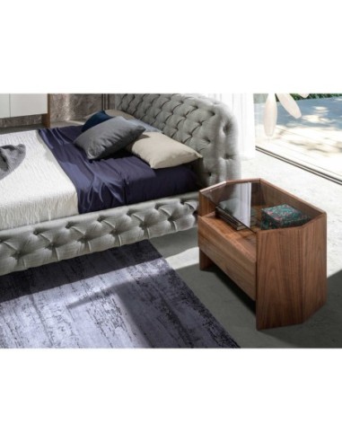 Mesita de noche nogal con tapa de cristal templado