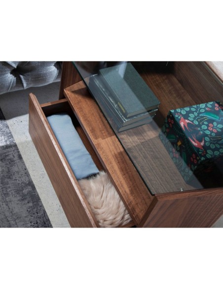 Mesita de noche nogal con tapa de cristal templado
