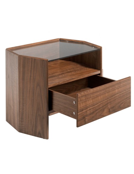 Mesita de noche nogal con tapa de cristal templado