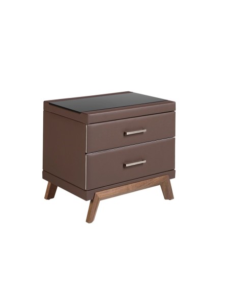 Mesita de noche polipiel y nogal con tapa de cristal negro