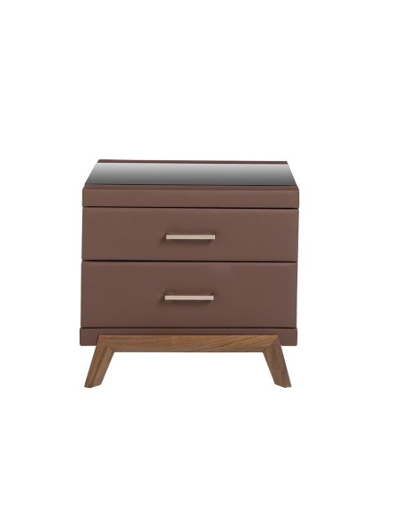 Mesita de noche polipiel y nogal con tapa de cristal negro