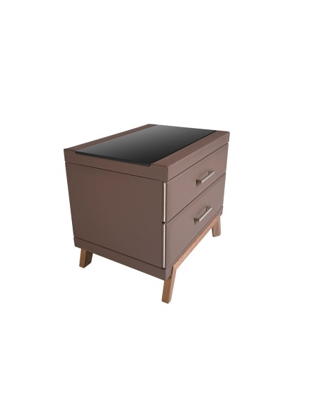 Mesita de noche polipiel y nogal con tapa de cristal negro