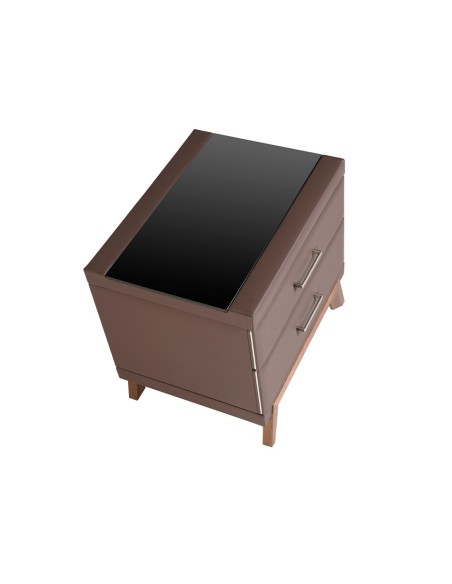 Mesita de noche polipiel y nogal con tapa de cristal negro