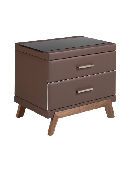 Mesita de noche polipiel y nogal con tapa de cristal negro