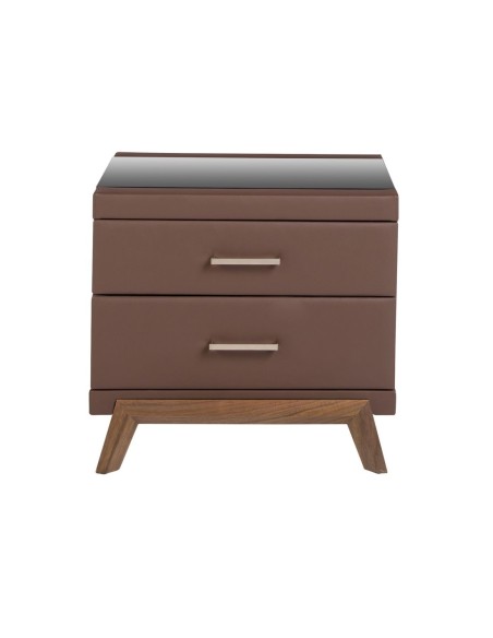 Mesita de noche polipiel y nogal con tapa de cristal negro