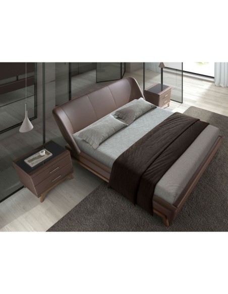 Mesita de noche polipiel y nogal con tapa de cristal negro