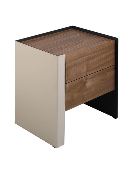 Mesita de noche polipiel, nogal y acero negro