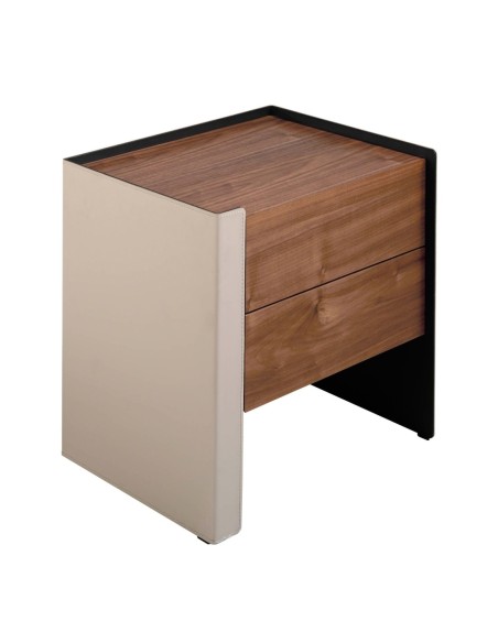 Mesita de noche polipiel, nogal y acero negro