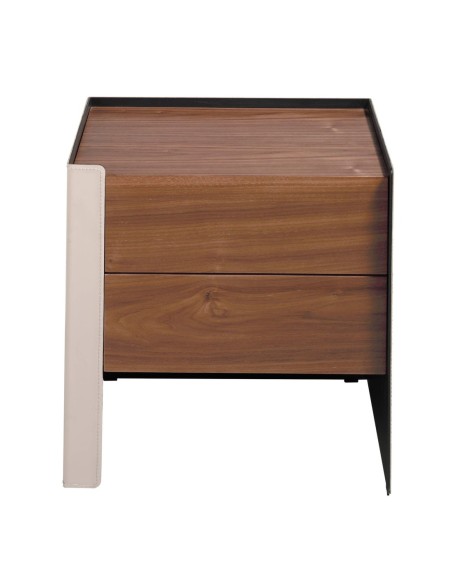 Mesita de noche polipiel, nogal y acero negro