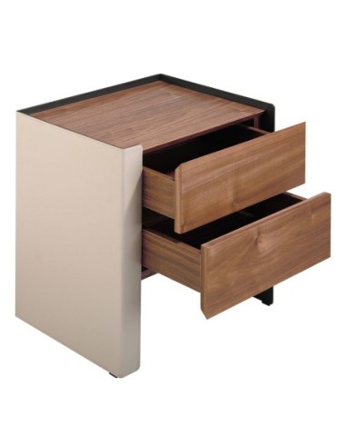 Mesita de noche polipiel, nogal y acero negro