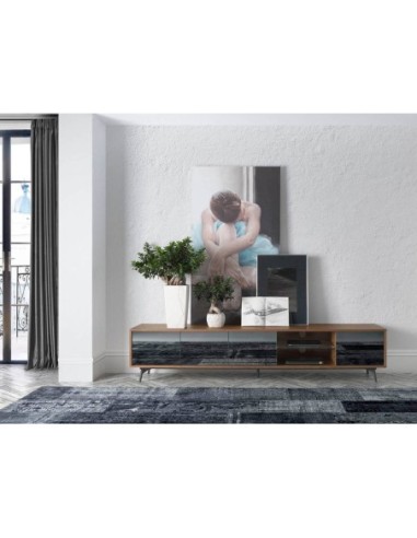 Mueble TV cristal negro efecto espejo, nogal y...