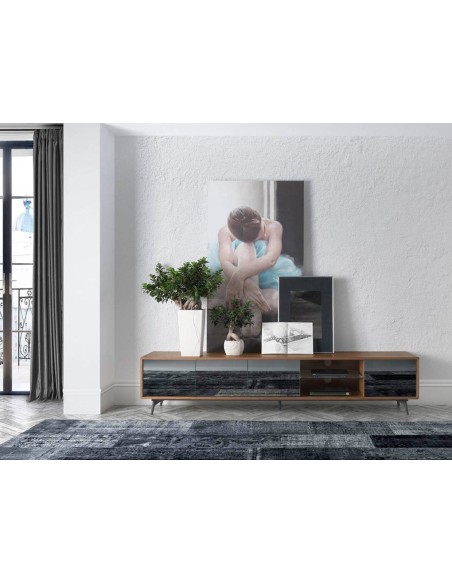 Mueble TV cristal negro efecto espejo, nogal y acero negro