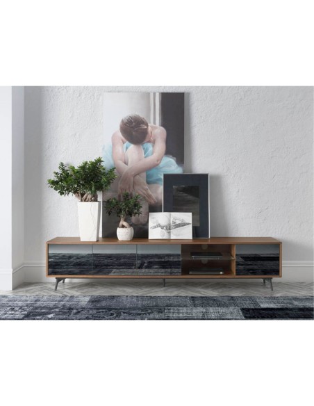 Mueble TV cristal negro efecto espejo, nogal y acero negro