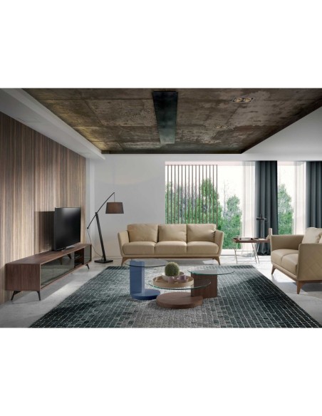 Mueble TV cristal negro efecto espejo, nogal y acero negro