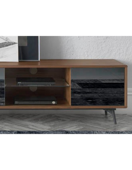 Mueble TV cristal negro efecto espejo, nogal y acero negro
