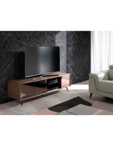 Mueble TV cristal negro efecto espejo, nogal y...