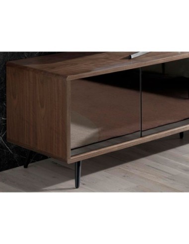 Mueble TV cristal negro efecto espejo, nogal y...