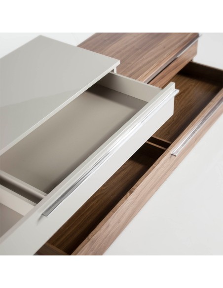 Mueble TV madera beige, nogal y acero cromado