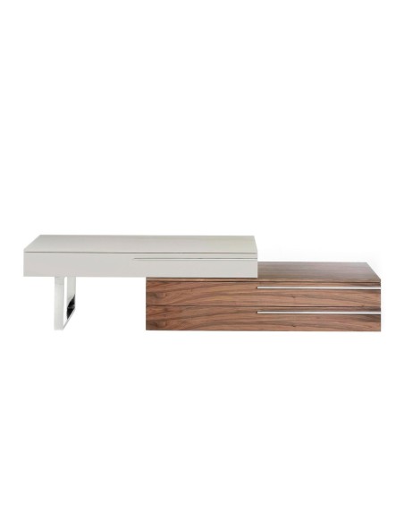 Mueble TV madera beige, nogal y acero cromado