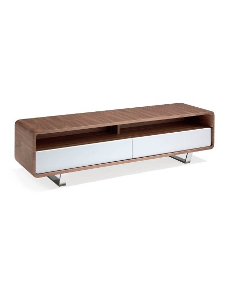 Mueble TV madera blanco, nogal y acero cromado