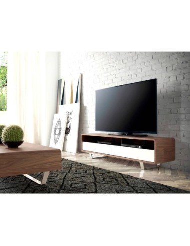 Mueble TV madera blanco, nogal y acero cromado