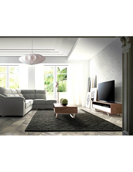 Mueble TV madera blanco, nogal y acero cromado