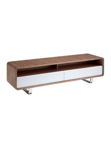 Mueble TV madera blanco, nogal y acero cromado