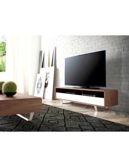 Mueble TV madera blanco, nogal y acero cromado