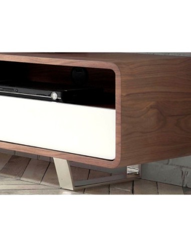 Mueble TV madera blanco, nogal y acero cromado