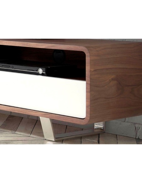 Mueble TV madera blanco, nogal y acero cromado