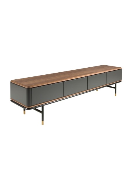 Mueble TV madera gris oscuro, acero negro y tapa de nogal