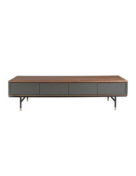 Mueble TV madera gris oscuro, acero negro y tapa de nogal