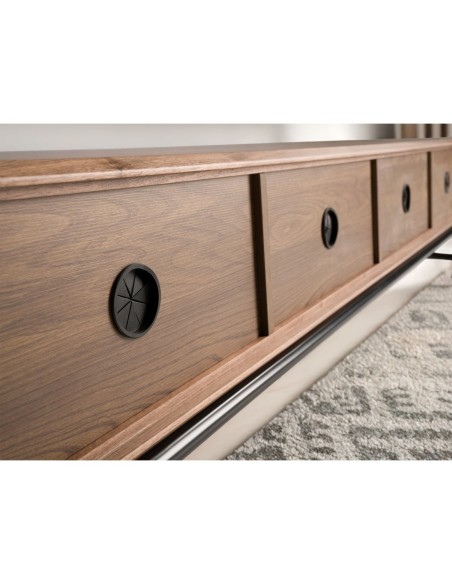 Mueble TV madera gris oscuro, acero negro y tapa de nogal