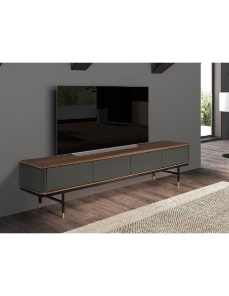 Mueble TV madera gris oscuro, acero negro y tapa de nogal