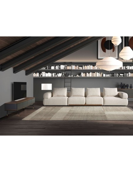 Mueble TV madera gris oscuro, acero negro y tapa de nogal