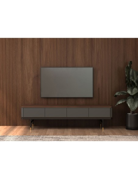 Mueble TV madera gris oscuro, acero negro y tapa de nogal